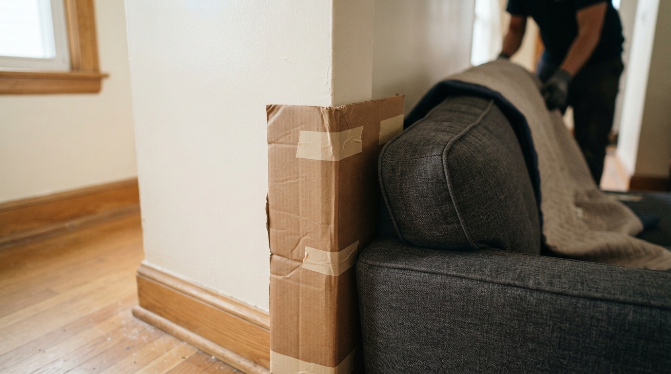 Corner guard protecting a hallway wall while moving a couch