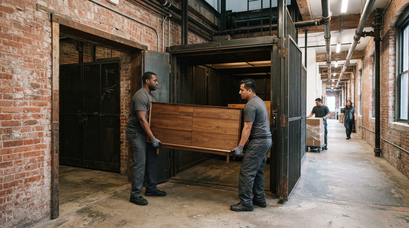 Movers using a freight elevator inside a converted loft building in Pilsen
