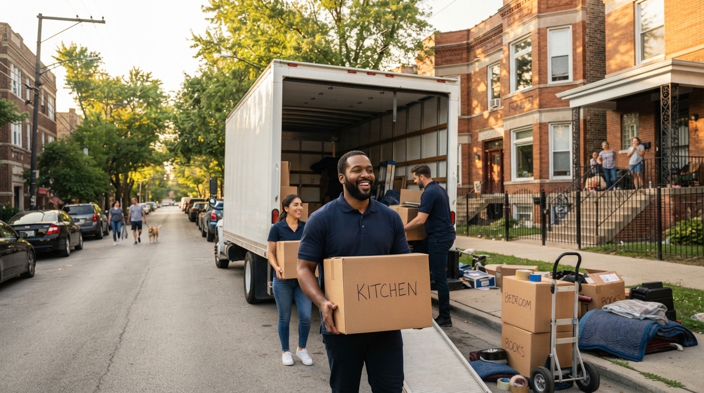 All Seasons Movers crew loading a truck on a Pilsen residential street