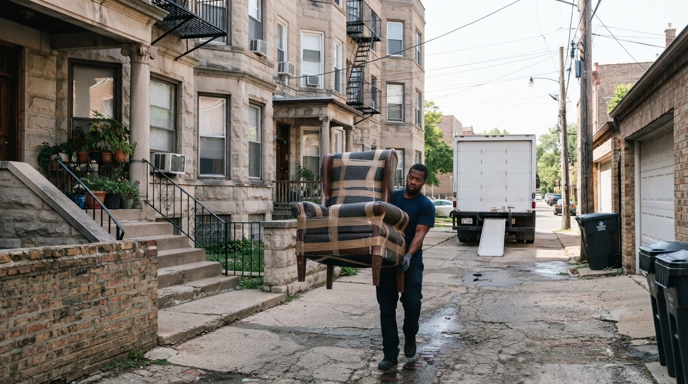 Movers loading furniture through an alley behind a Pilsen two flat