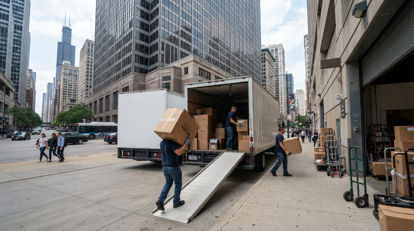 Moving crew loading a truck outside a downtown Chicago high rise