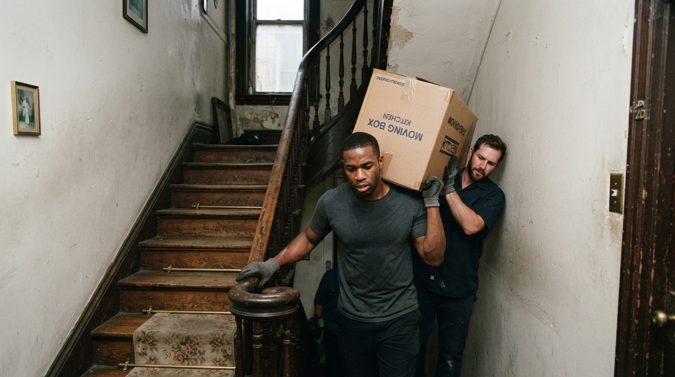Movers carrying boxes up a narrow staircase in a Chicago walkup building