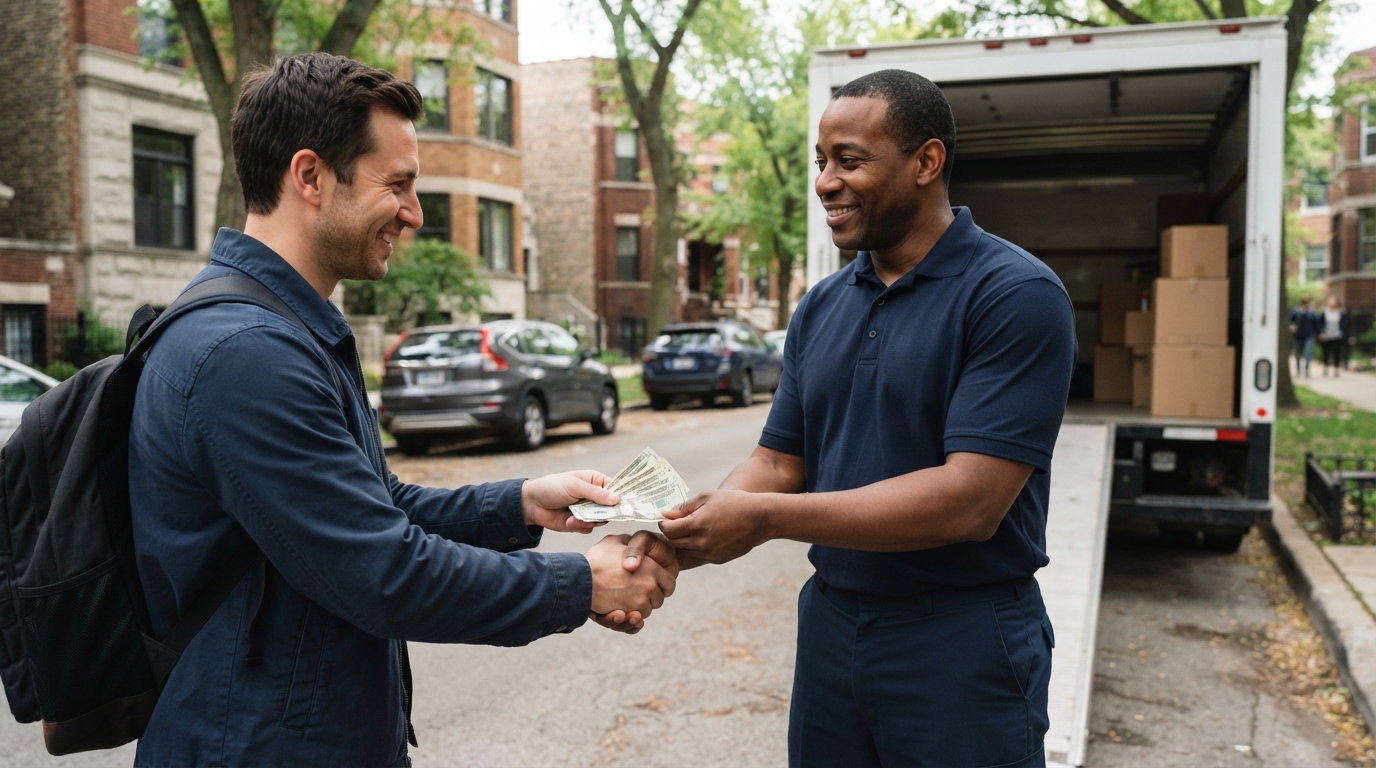 Handing a cash tip to a mover after a move in Chicago