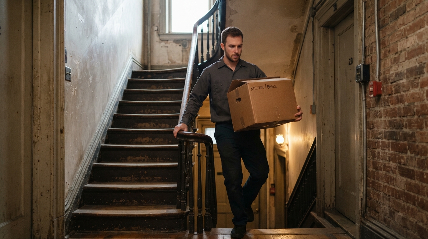 Mover carrying a box down a staircase in a Chicago walkup building