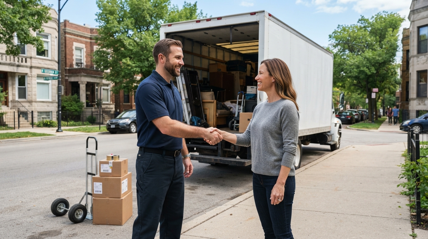 Mover greeting a customer in front of a loaded truck in Chicago