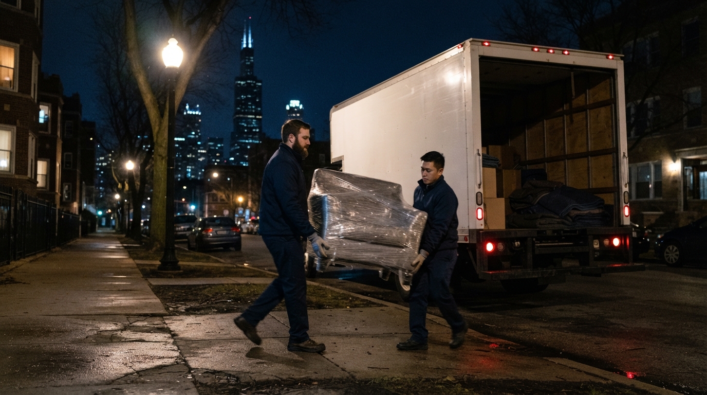"Movers carrying furniture to a truck during a late night Chicago move
