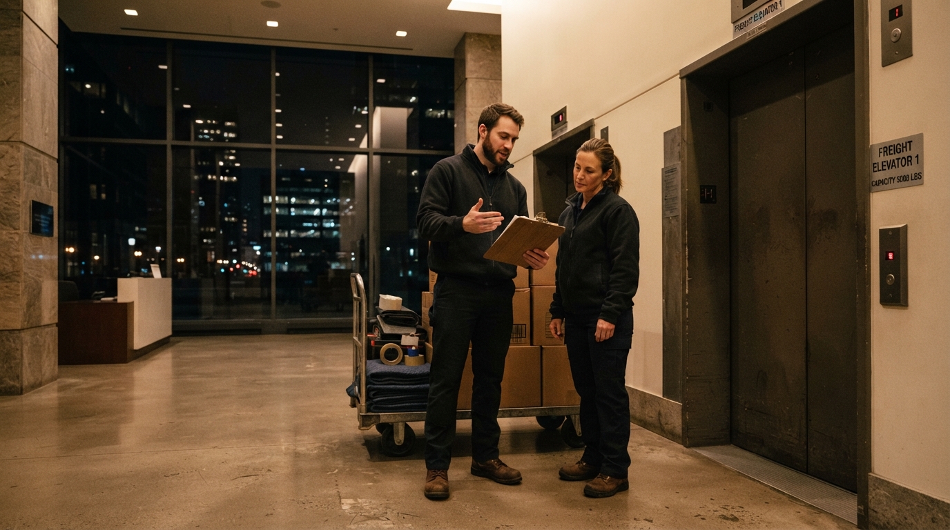 Movers checking a freight elevator reservation inside a Chicago high rise at night