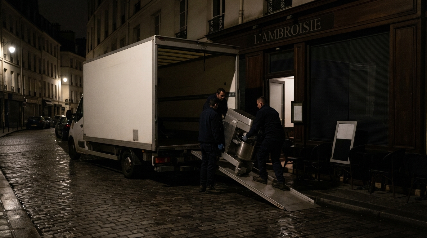 "Movers loading equipment from a restaurant during an overnight commercial move