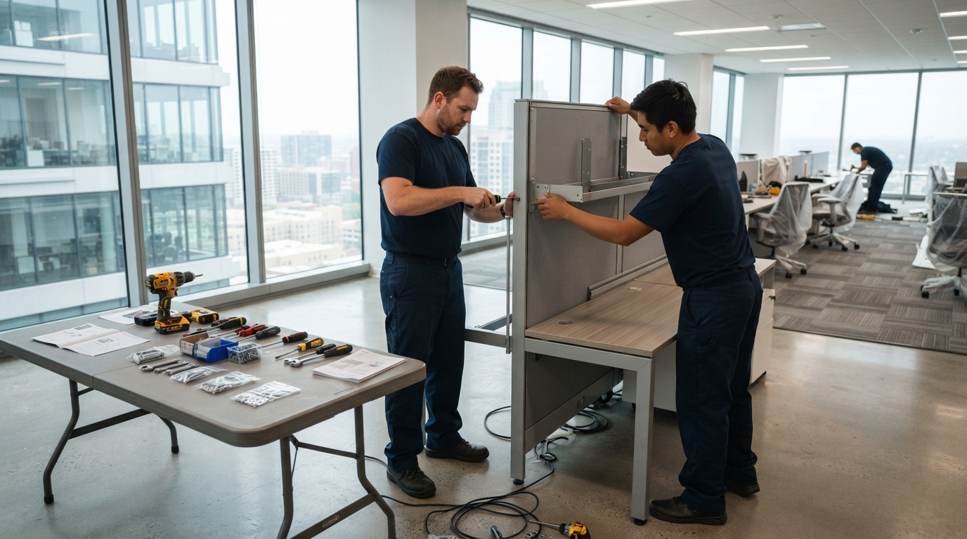 Movers reassembling a workstation during an office move
