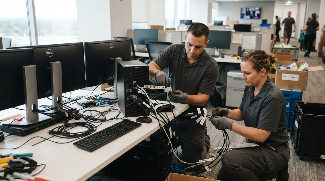 Movers labeling office equipment cables before an office relocation
