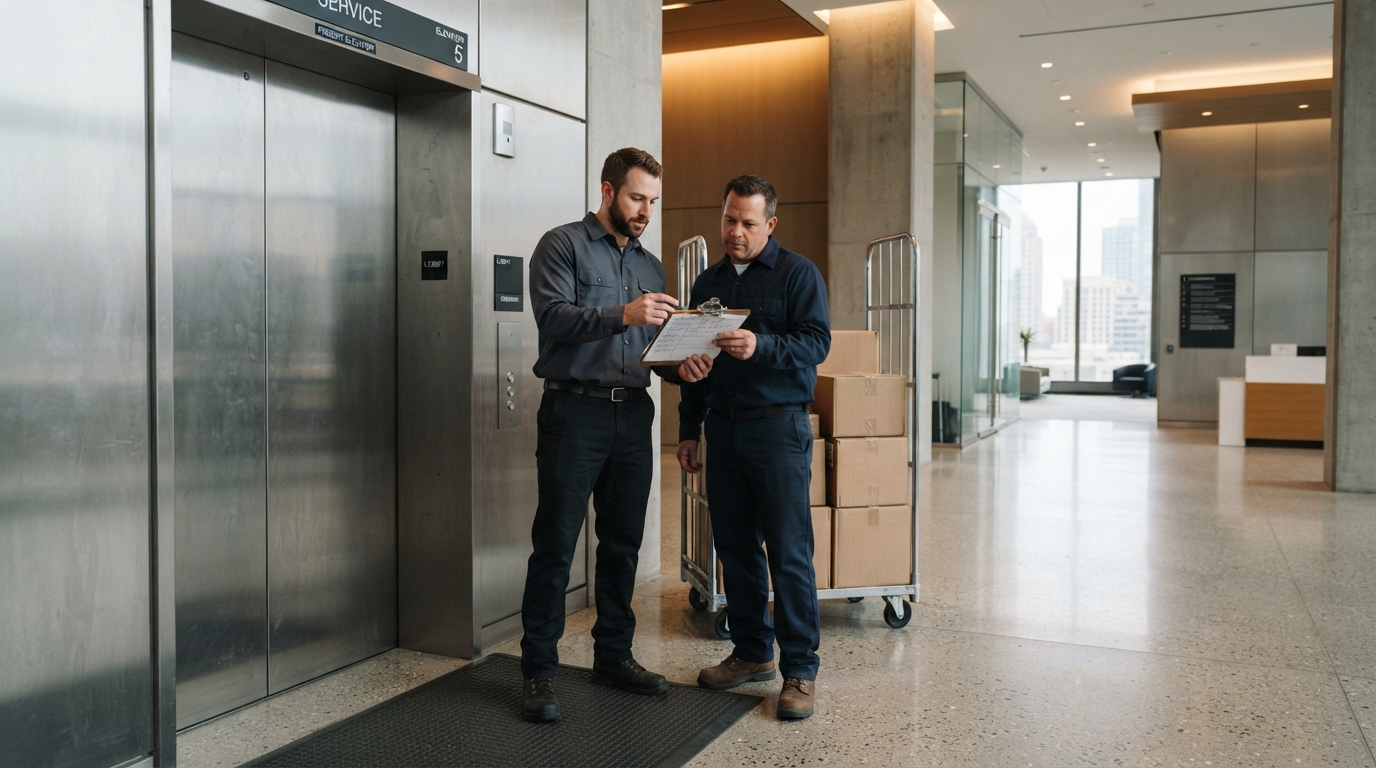 Movers checking a freight elevator reservation in a South Loop building Movers checking a freight elevator reservation in a South Loop building