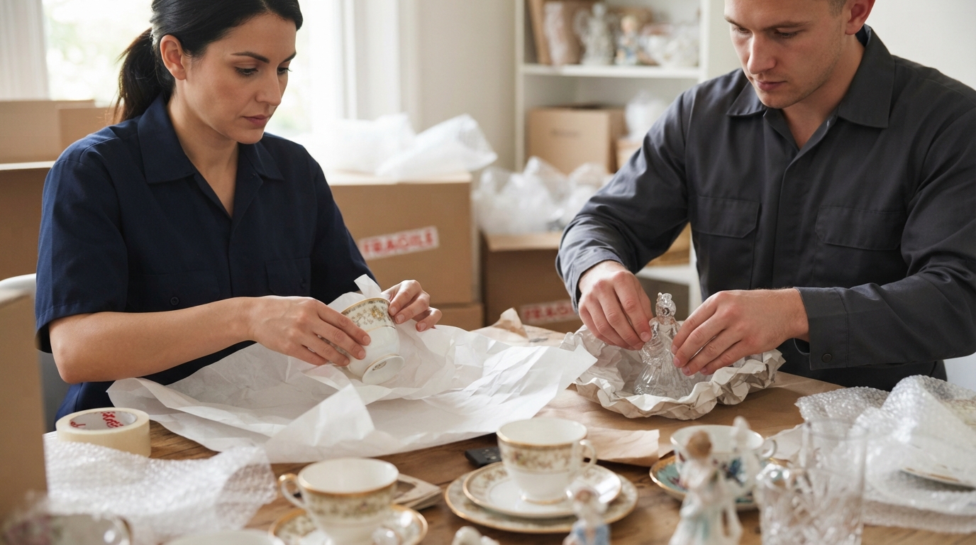 Movers carefully packing fragile keepsakes for an affordable senior move in Chicago