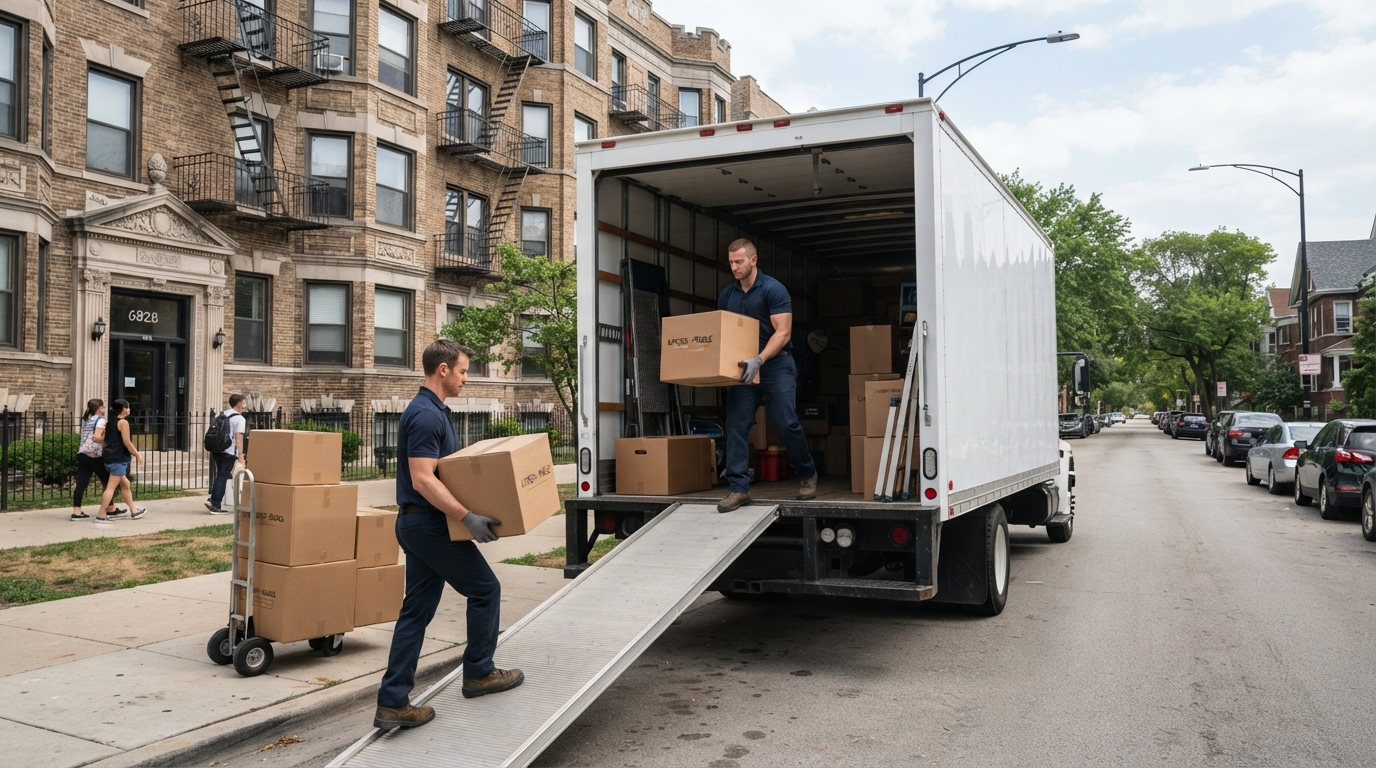 Movers loading a truck outside a Chicago senior living community