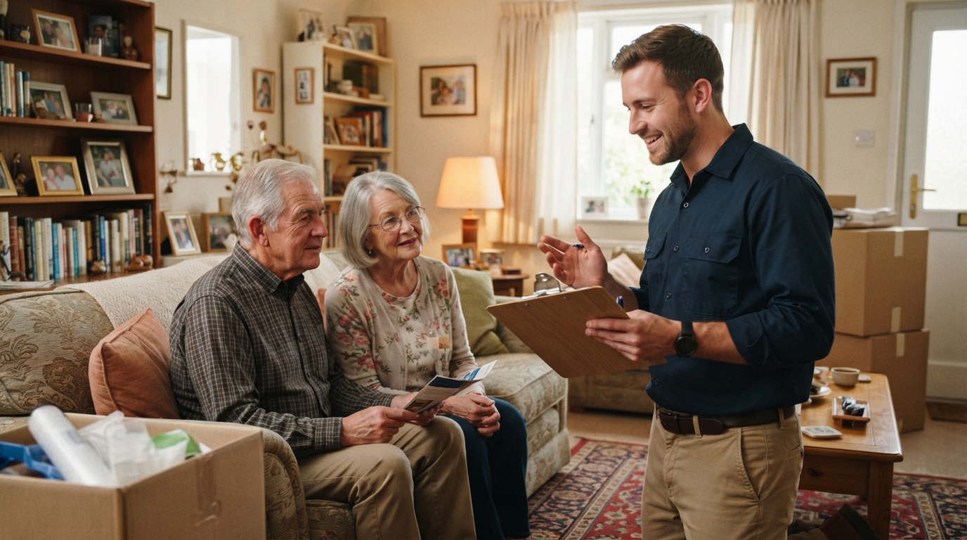 Mover reviewing an itemized moving estimate with a senior couple in Chicago