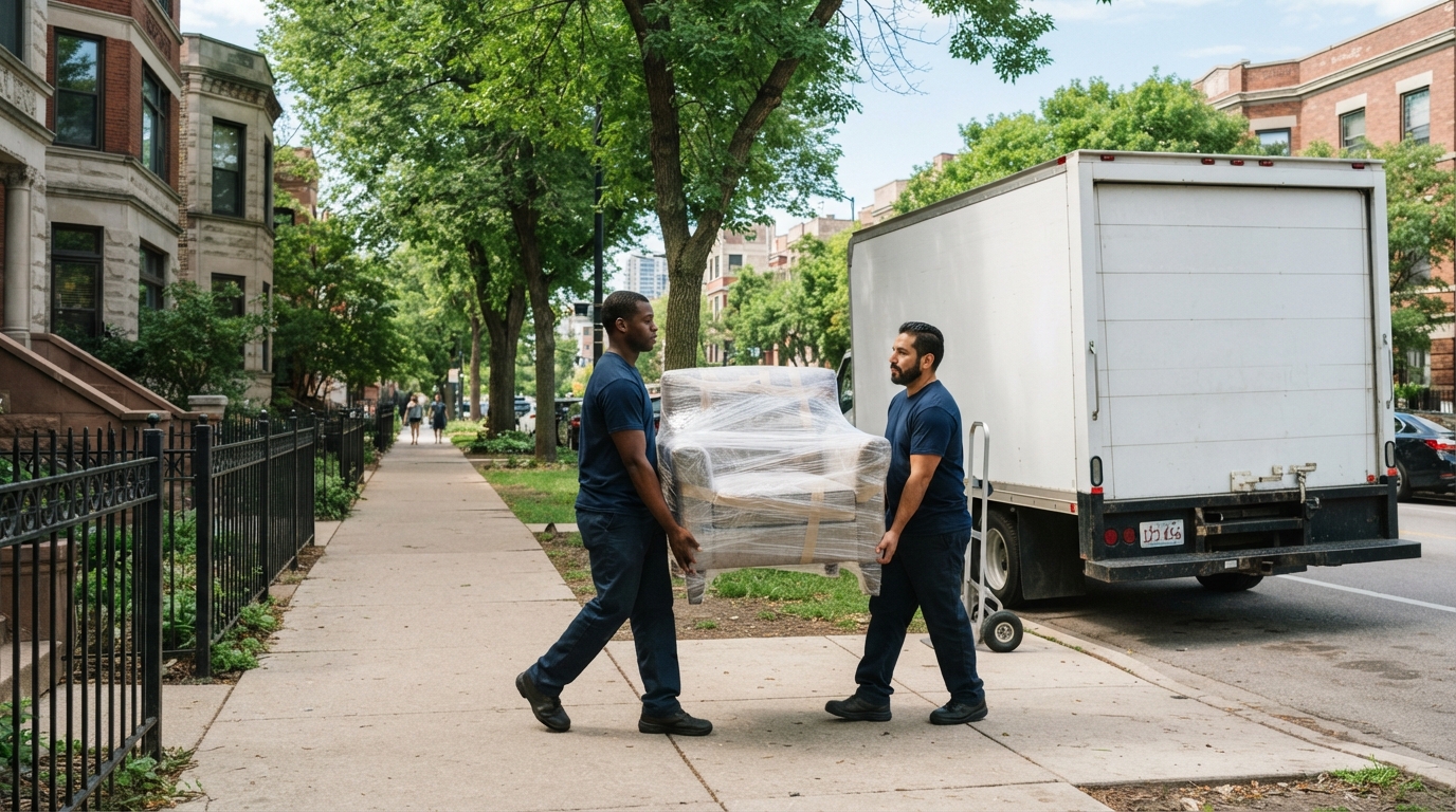 Movers carrying furniture during a local move in Chicago