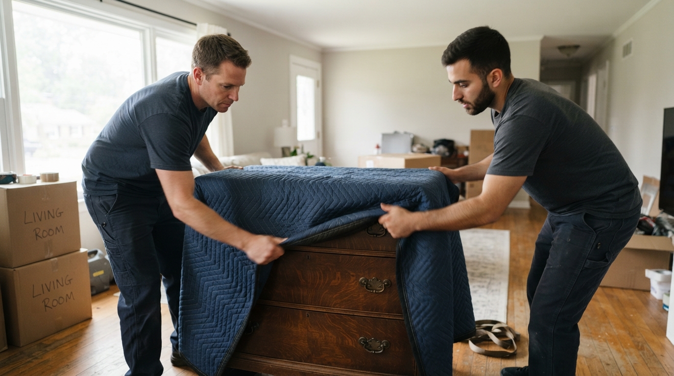 Movers carefully wrapping furniture before a small job move