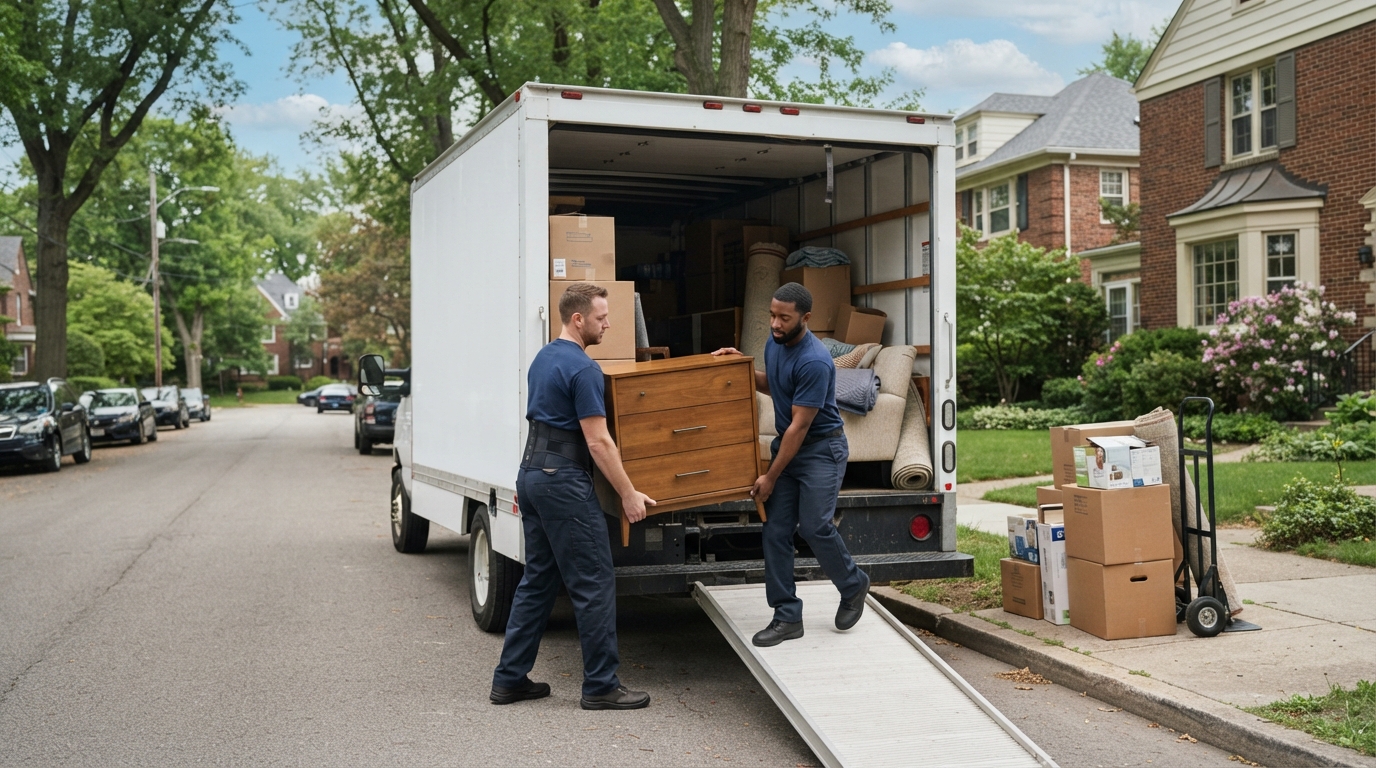 Movers loading a small truck for a scaled down furniture move in Chicago