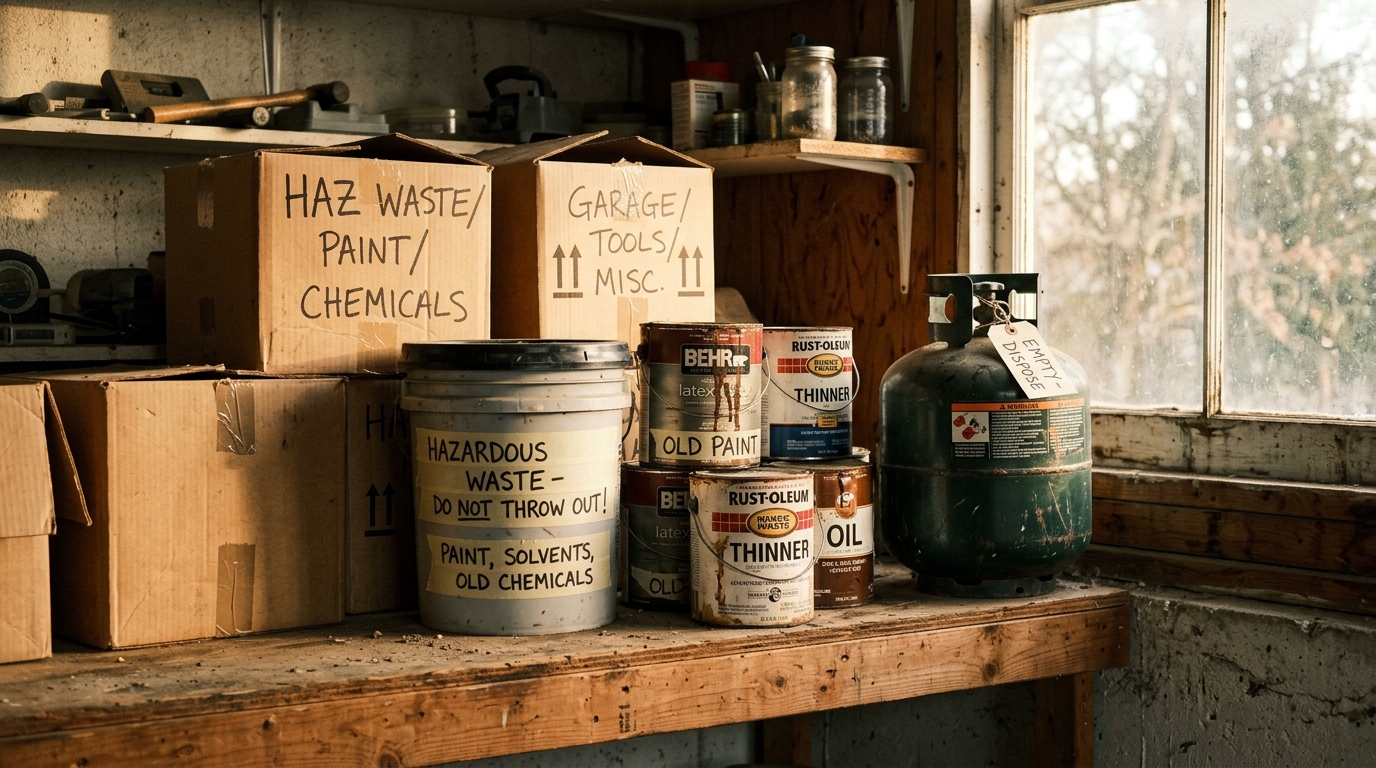Hazardous garage materials separated for proper disposal before a move