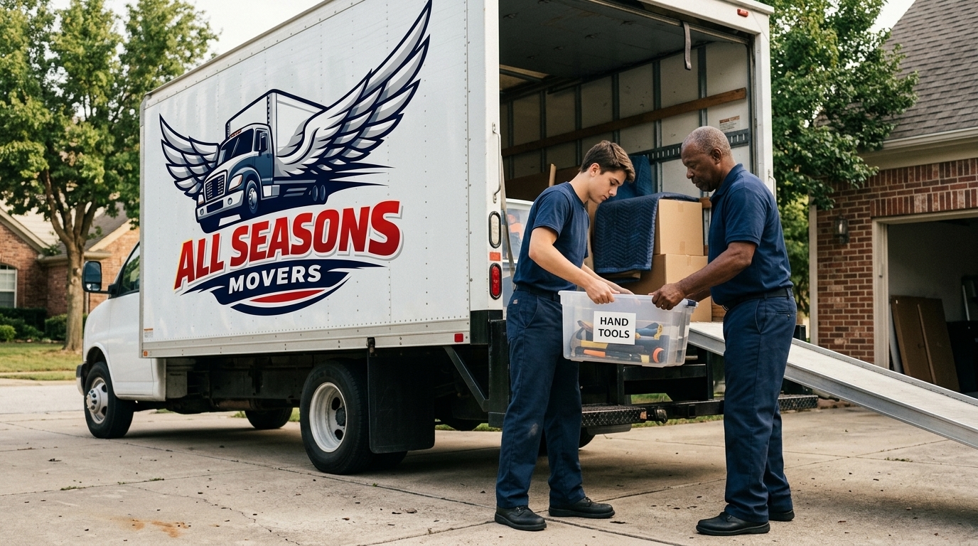 Movers loading garage tools into an All Seasons Movers truck