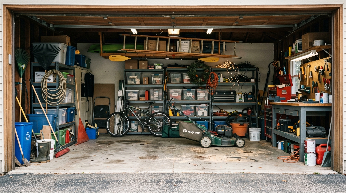 A realistic view into a cluttered garage before a move