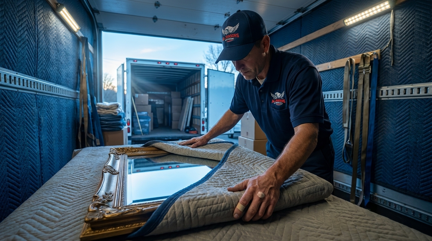 Mover carefully wrapping a mirror inside a moving truck