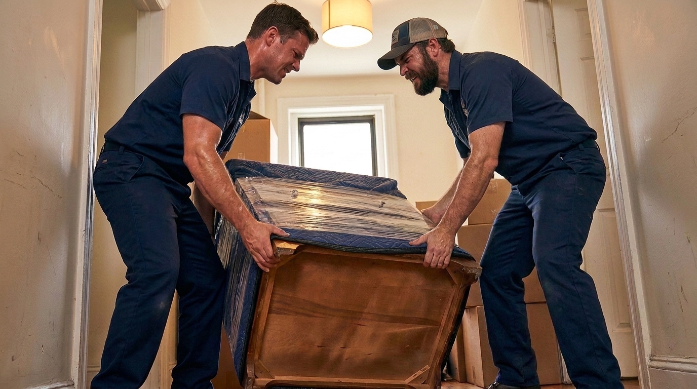 Movers carrying a dresser through an apartment hallway during a Chicago move