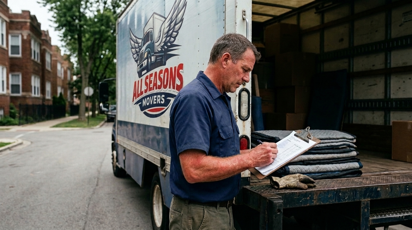 Mover reviewing a moving estimate beside a truck in Chicago