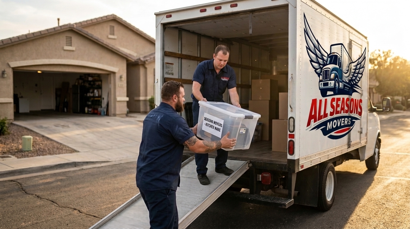 Movers loading a storage bin into a truck during a garage move