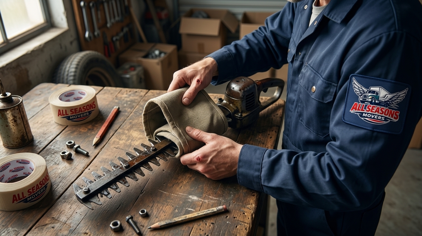 Mover wrapping a sharp garage tool before a move