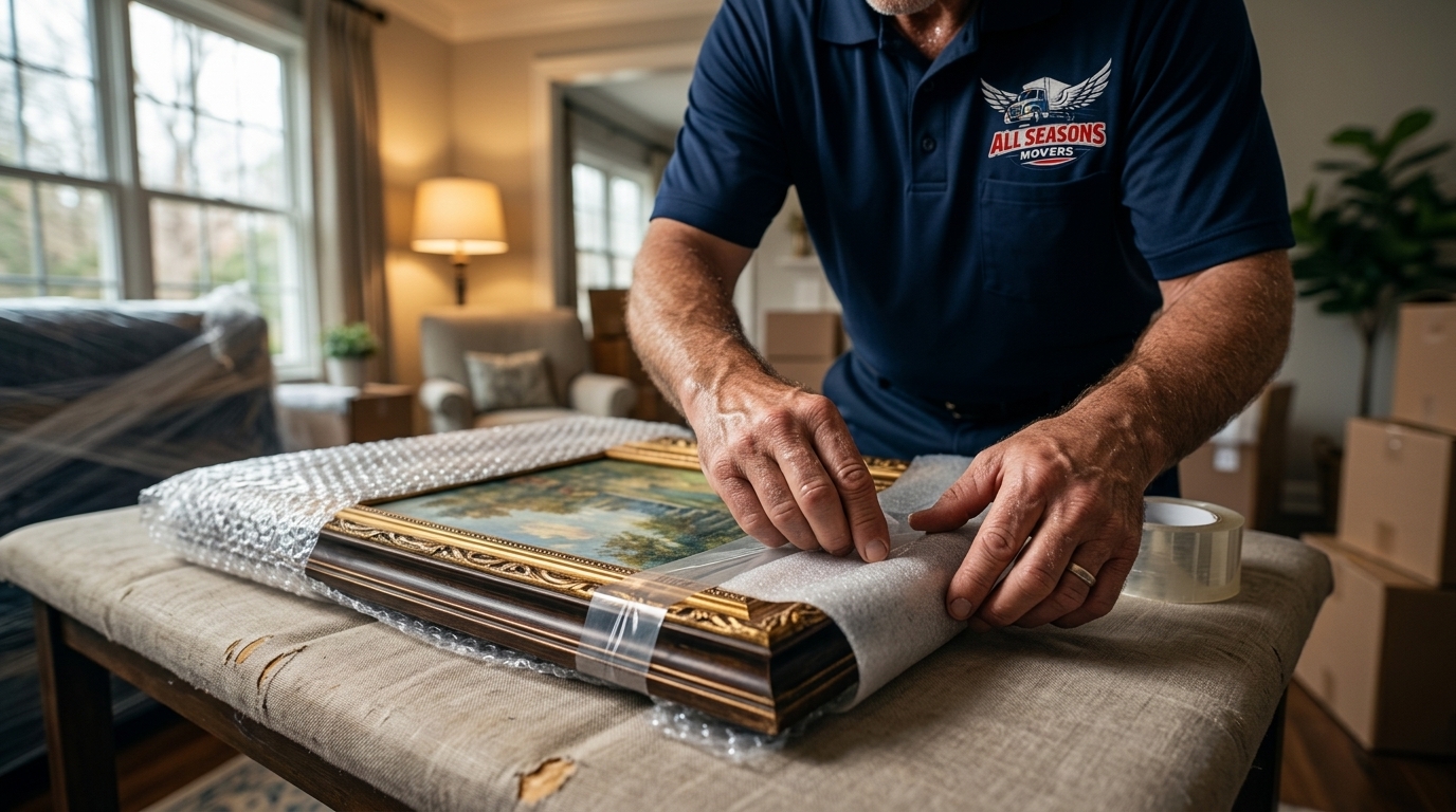 All Seasons Movers carefully packing a fragile item with protective wrapping