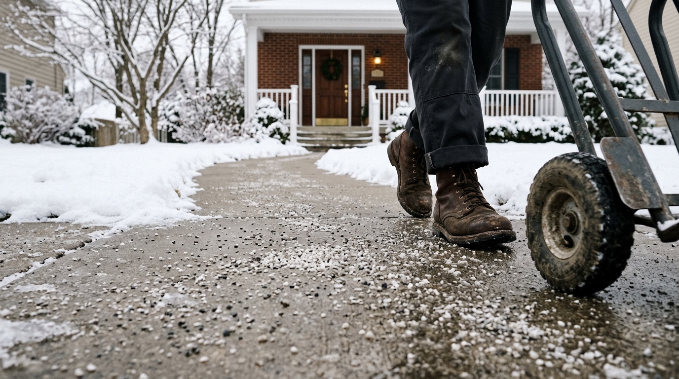 A shoveled and salted sidewalk cleared before a winter move