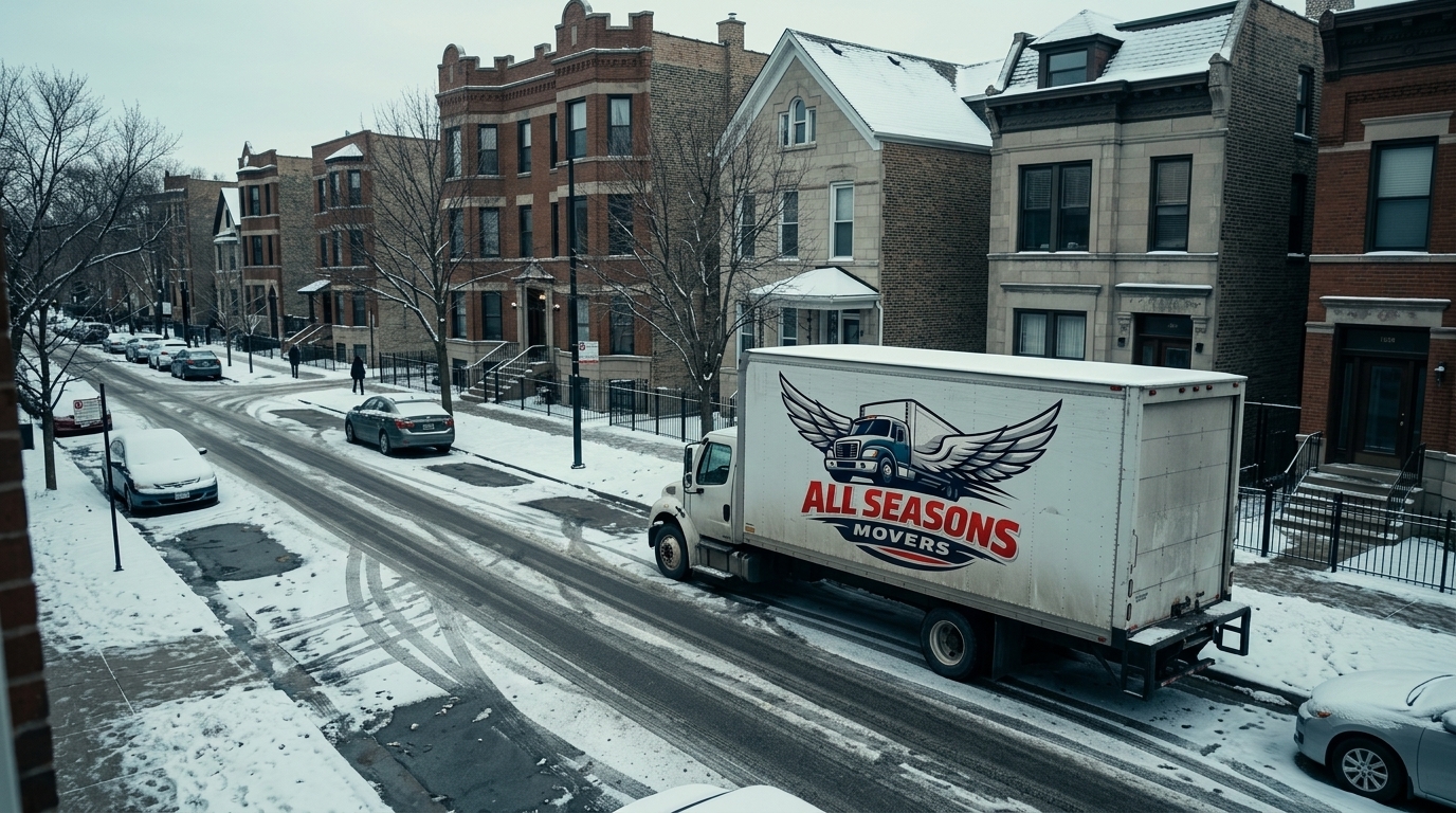A snow covered Chicago street during a winter move