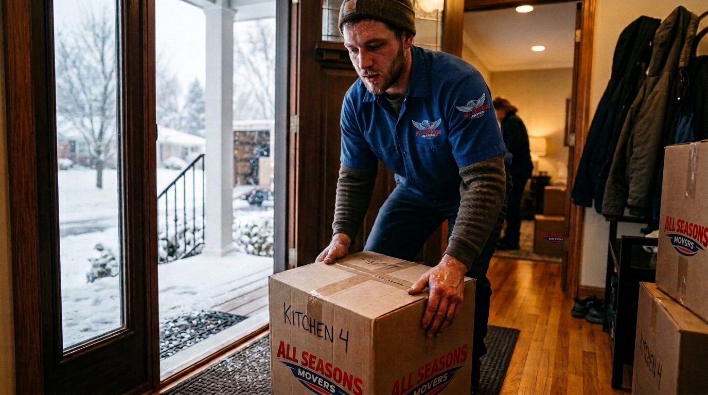 A mover bringing boxes into a warm home during a Chicago winter move