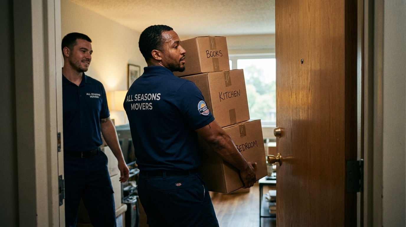 All Seasons Movers navigating a narrow doorway during an hourly move