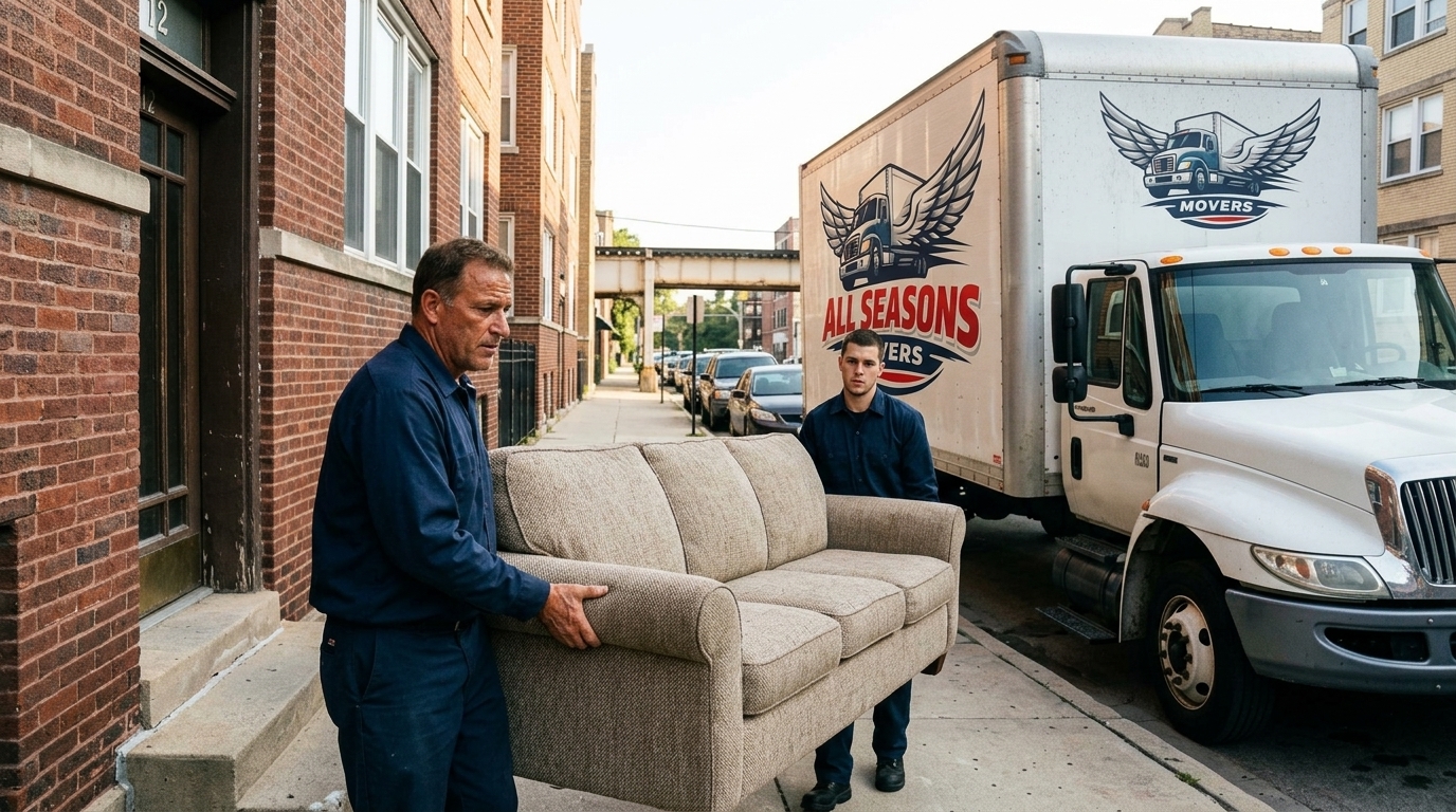 Two movers carrying a wrapped sofa out of a Chicago apartment building toward a moving truck