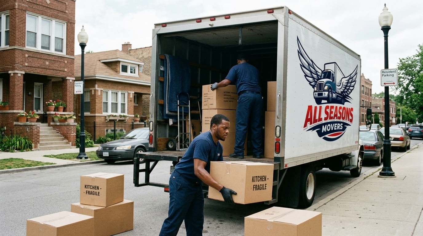 Two movers loading boxes into a moving truck on a Chicago street