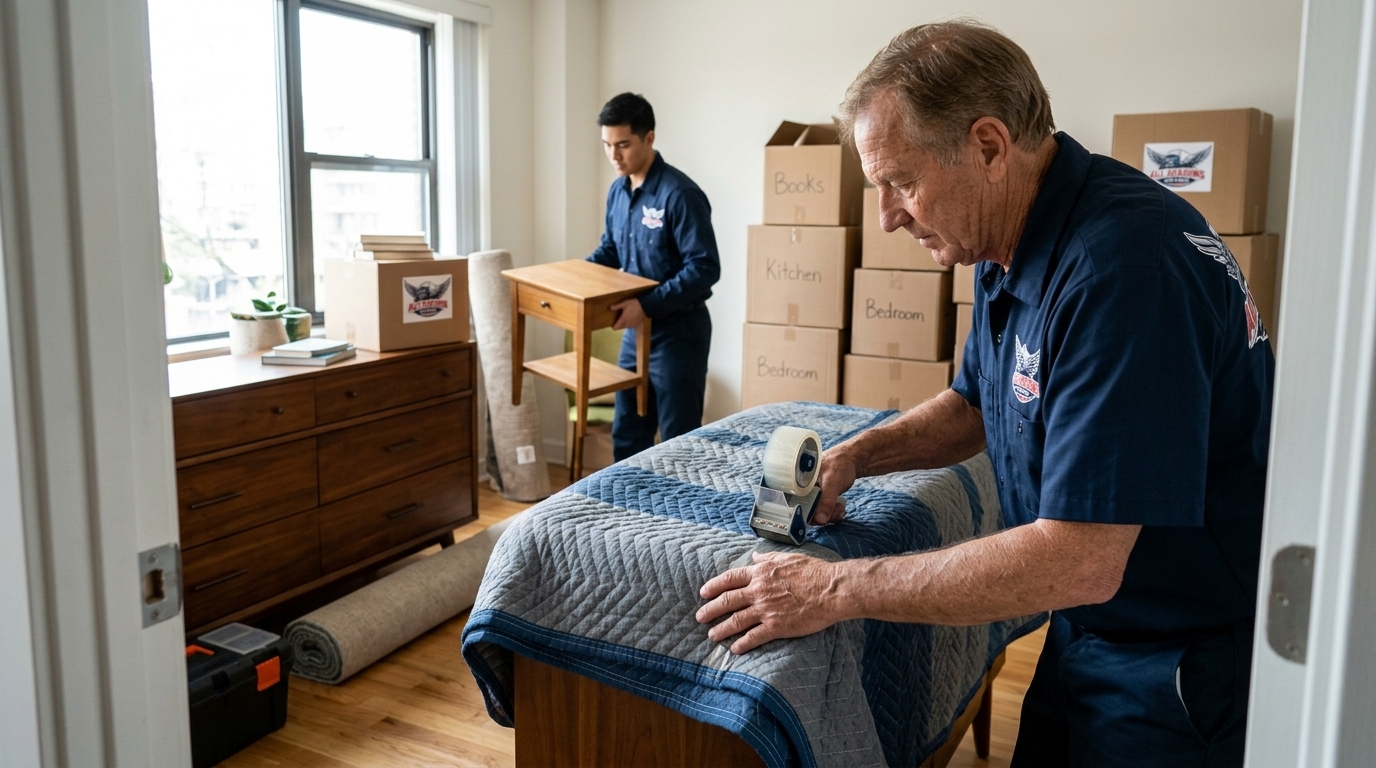 Movers wrapping furniture in blankets inside a Chicago apartment before a move