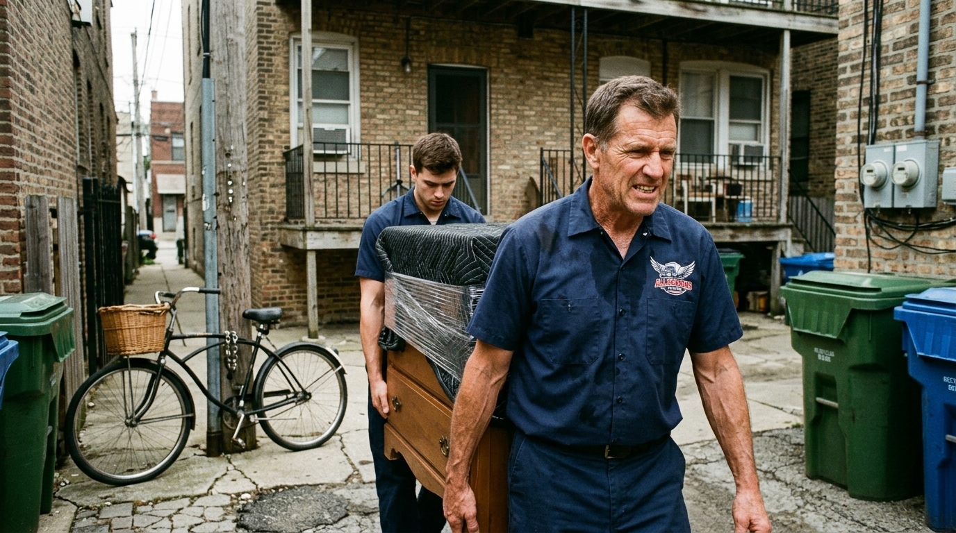 Movers carrying furniture through a narrow Chicago alley during a local move