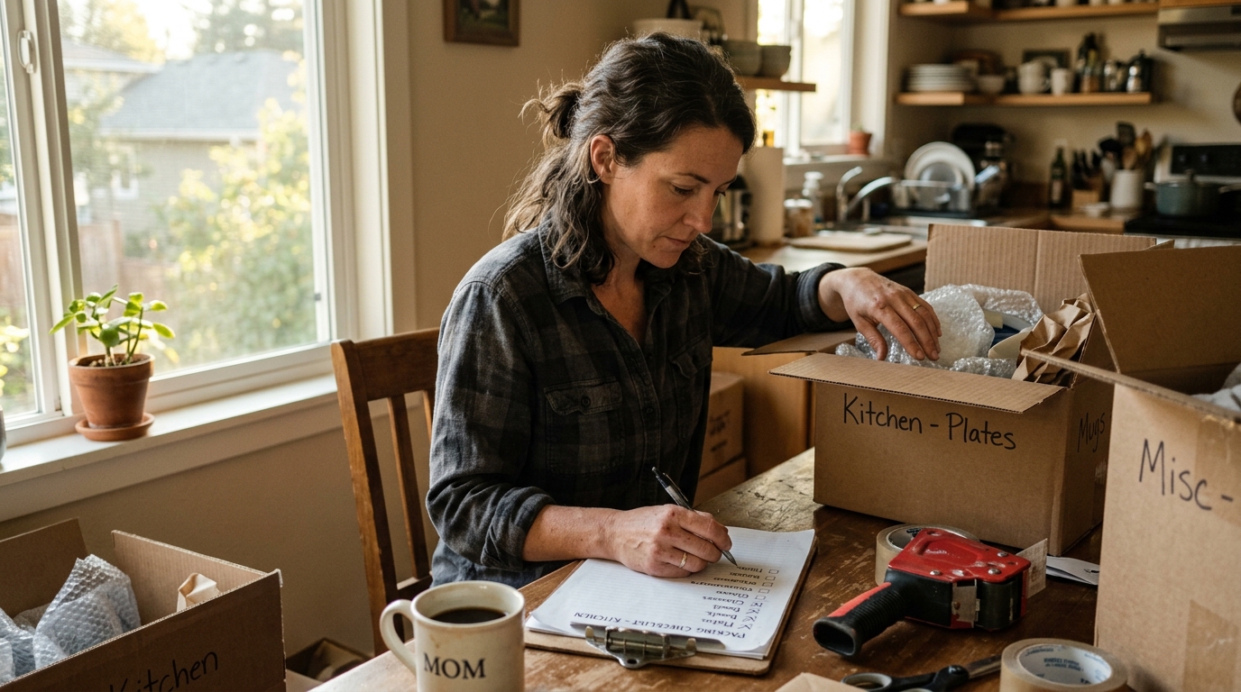 A person planning their local move timeline at home with a checklist and packing supplies