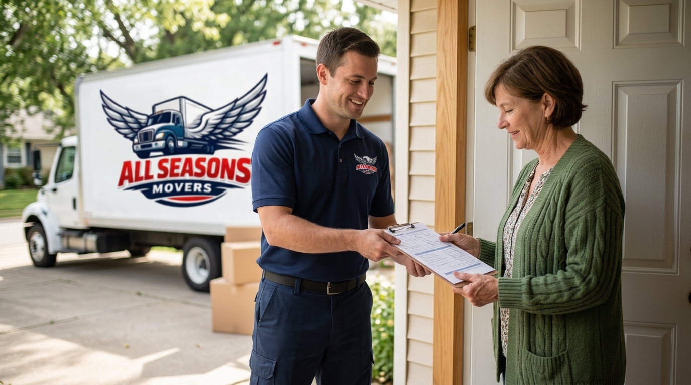 Mover reviewing a written moving estimate with a Chicago homeowner
