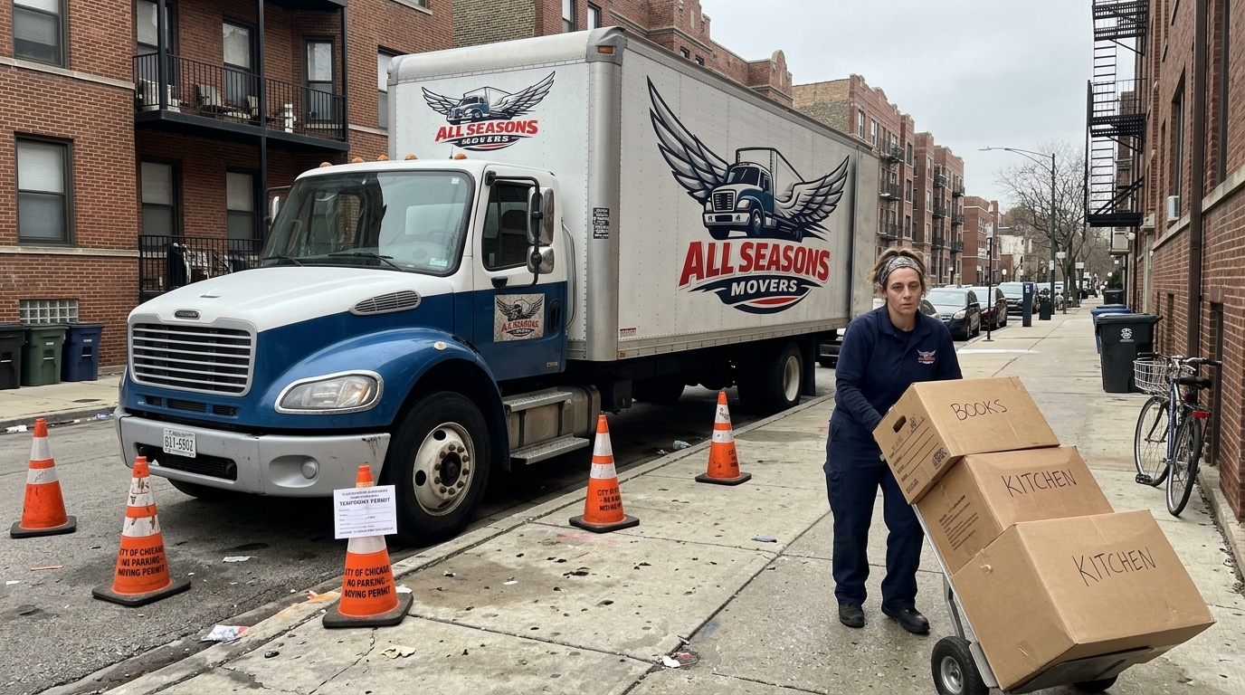 Moving truck parked with a street permit outside a Chicago walk up apartment building