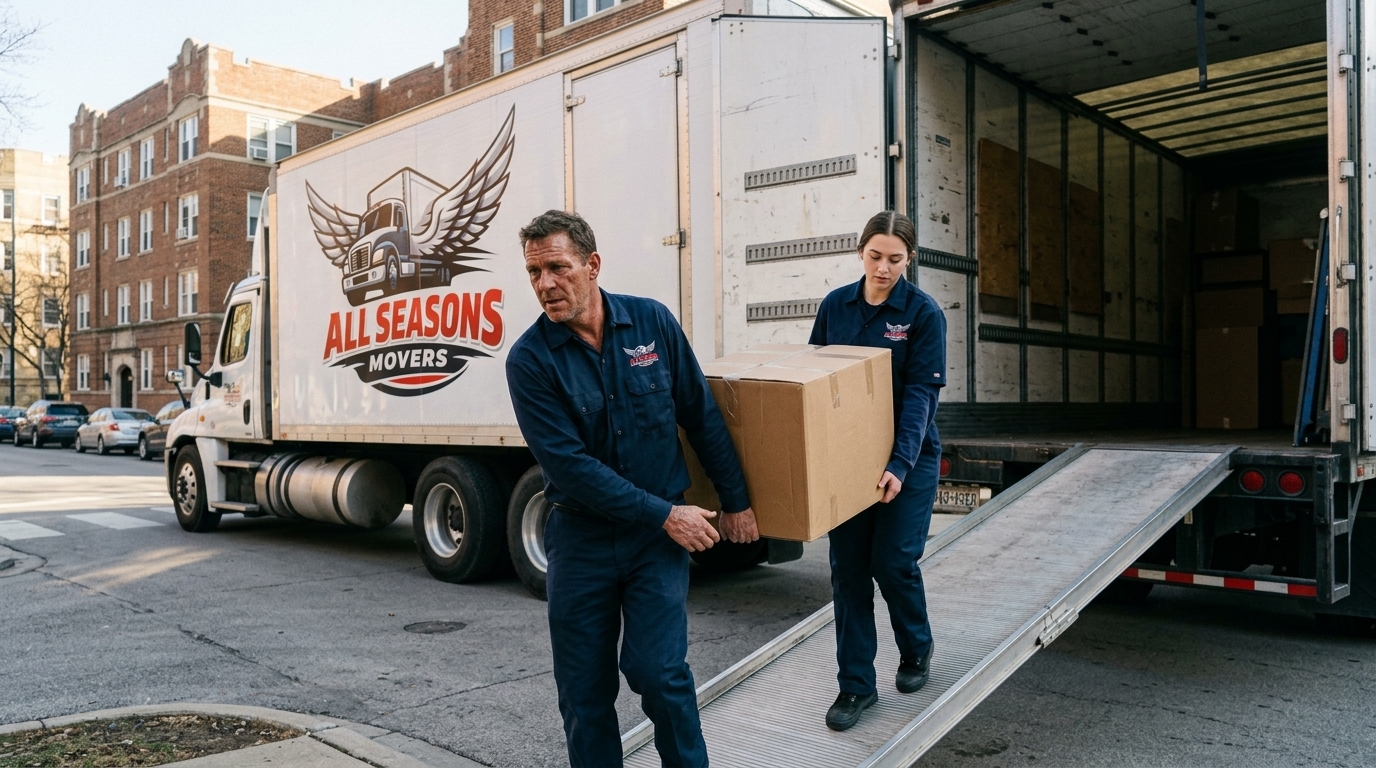 Movers carrying boxes from an All Seasons Movers truck into a Chicago apartment building
