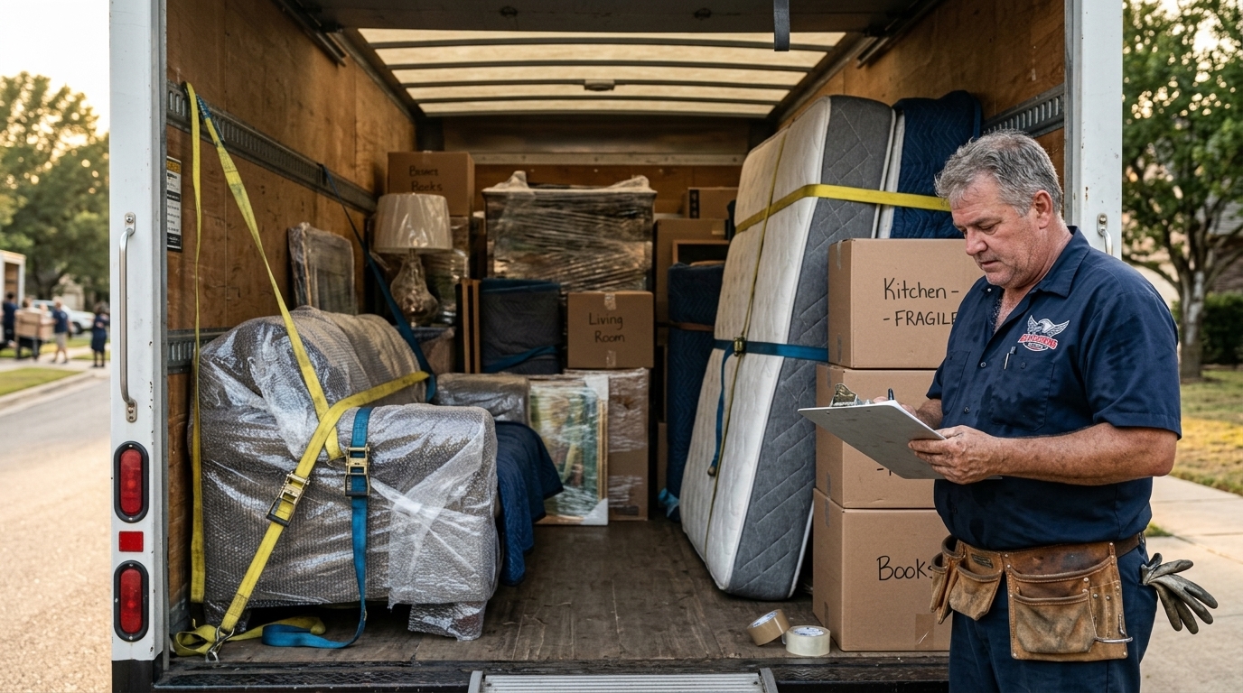 Moving truck packed with wrapped furniture and labeled boxes ready for a Chicago relocation