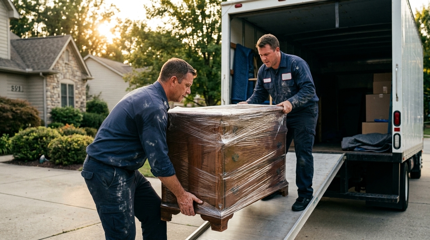 Movers loading a dresser into a truck during an affordable moving service