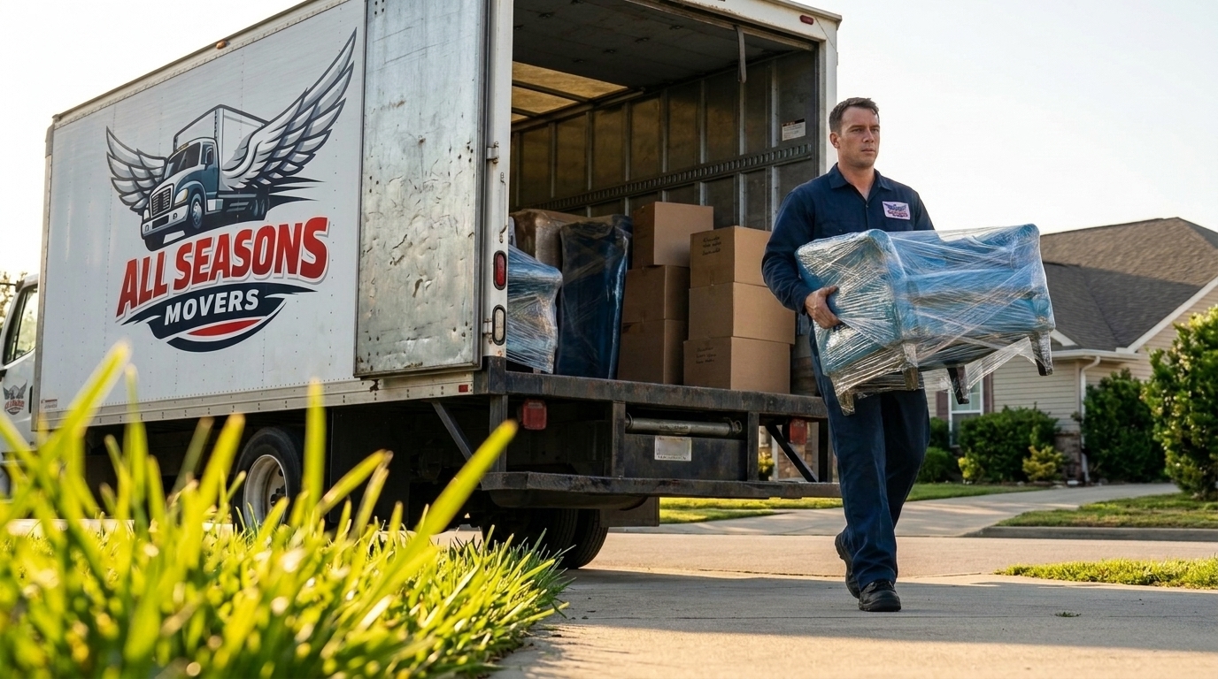 Mover and homeowner working together to load a moving truck