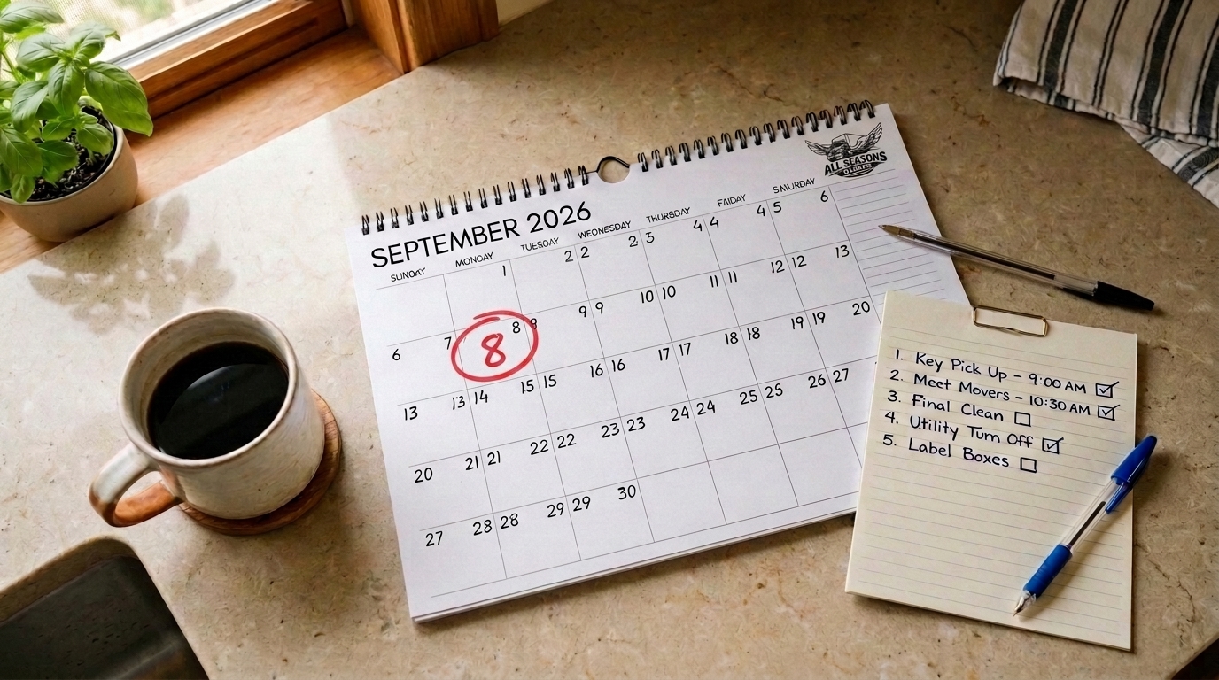 Calendar showing a weekday circled for a budget friendly moving date