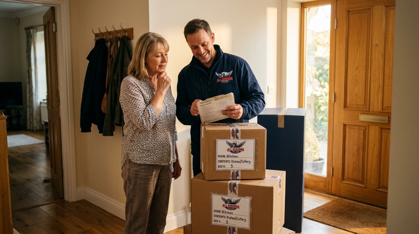 All Seasons Movers reviewing shipment details with a customer before pickup