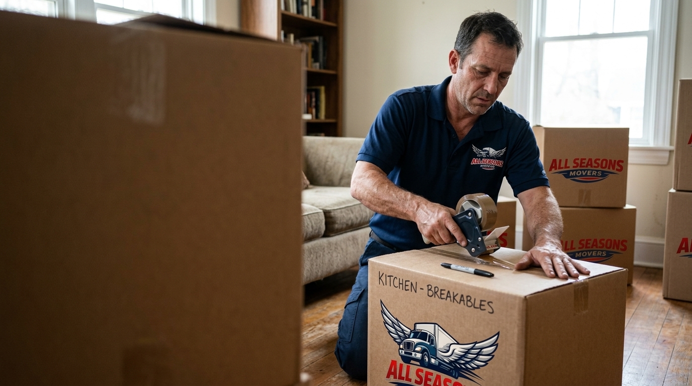 All Seasons Movers preparing export grade boxes for a small international shipment
