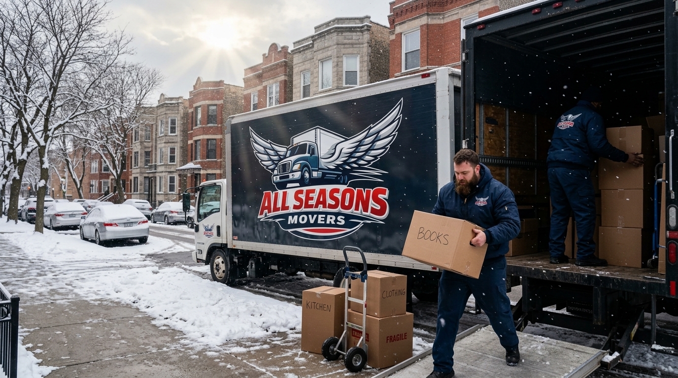 Movers loading a moving truck on a snowy Chicago street