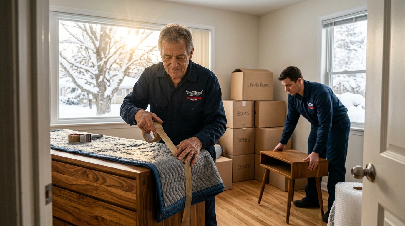 Movers wrapping a wooden dresser in blankets during a winter move